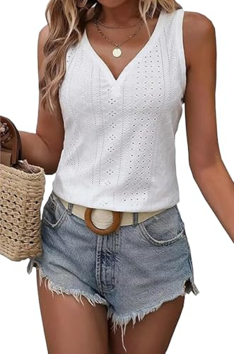 Qskall Womens Eyelet Embroidery Tank Tops Loose Fit Sleeveless V Neck Tee Casual Summer Cami T Shirts White