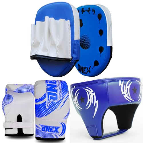 Boxing Set – Gloves, Head Guard & Focus Pads – Ages 2-5 Years | Toddler Punching Set | Boys & Girls Mini Boxing Training Kit | Safe Soft Padding | MMA, Muay Thai, Kickboxing (Blue/white)