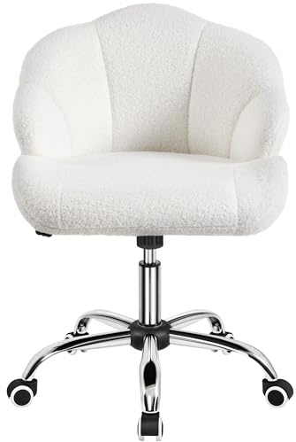 Yaheetech Modern Teddy Boucle Desk Chair with Tilt/Adjustable Function Cute Swivel Vanity Chairs Upholstered Armless Desk with Shell Back for Home Office Bedroom Snowy