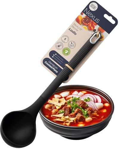 Nexus Louche Cuillère en Silicone Résistant à la Chaleur Antiadhésif Ustensile de Cuisine pour Cuisiner, Servre, Mélanger, Verser - Idéal pour Soupe, Sauce, Pâte à Crêpes Noir Satiné