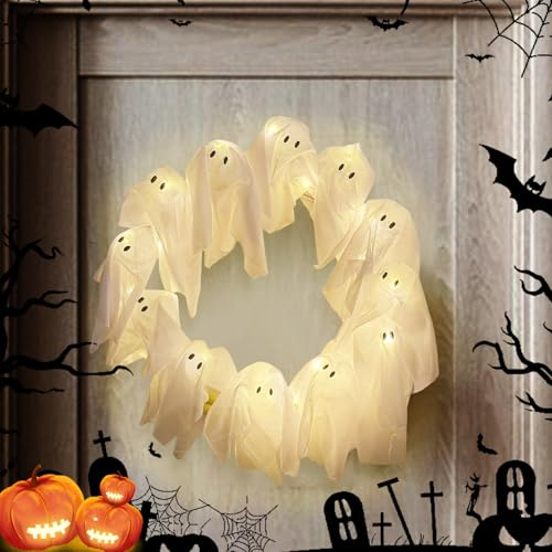Corona fantasma di Halloween, 12 LED ghirlanda luminosa bianca, decorazione spaventosa da appendere per interni esterni, per porte d'ingresso, pareti, feste, decorazione di Halloween, ghirlanda
