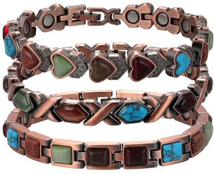 JewelryWe Kupfer Magnetarmband mit Türkis für Damen, Antik Magnetisch Kupferarmband Herz Sechseck Rechteck Link Verstellbares Armband mit Gauss Magneten reines Kupferschmuck für Frau Mutter