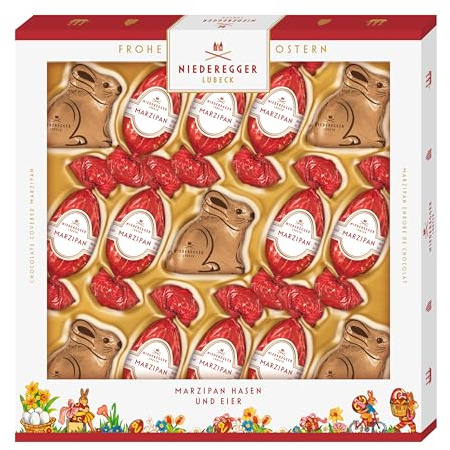Niederegger | Marzipan Hasen & Eier | 1x 187g | Edle Geschenkpackung gefüllt mit Marzipan Hasen & Eier, umhüllt von Zartbitter-Schokolade | Ostereier | Osterpräsent