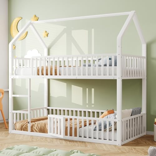 Aceinheu Kinder Etagenbett Hausform 90x200 & 140x200, Metall Hochbett mit Rutsche & Treppe, Doppelbett mit Sicherheitsgitter & Tür, in Weiß & Schwarz (Weiß, 90x200)