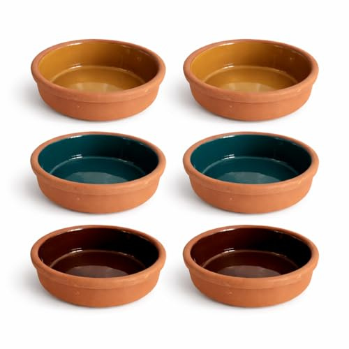 Areste Mexican Clay Cookware Set of 6 – Terracotta Pots, Bowls, Plates & Serving Dishes – Spanish Earthenware for Baking, Yogurt, Kheer, Meat, Vegetables – Cazuelas Mexicana (Green, Brown, Yellow Interior)