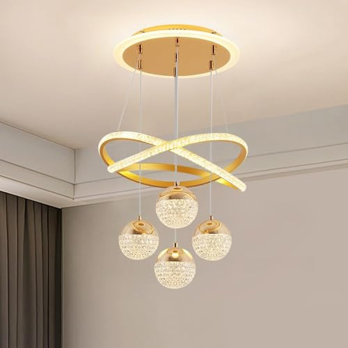 JDONG Dimmbar Hängeleuchte mit Fernbedienung 54W Kristall Pendellampe Gold | Höhenverstellbar Pendelleuchte für Esstisch, Aluminium Design für Esszimmer & Wohnbereich,Arcyl 4-flammig