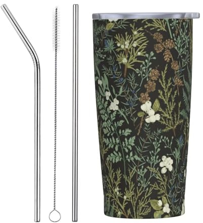 CLAPSOREI Botanical Print Floral Tumbler 20oz Stainless Steel Insulated Tumblers with Lid Straw Black Sage Green Spring Flower Plant Travel Coffee Mug Tea Wine Cup Water Bottle for Women Men