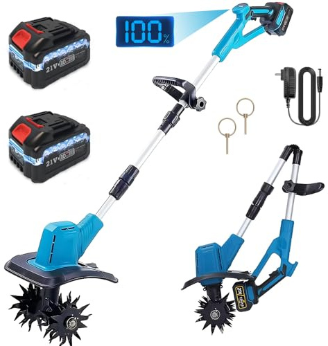 Cordless Tiller Cultivator, Battery Powered Electric Tiller with 360RPM, 48 Steel Tines, 9 Tilling Width, 6.6 Depth, Portable Rotary Tiller for Gardening(2x4.0 Ah Battery & Charge & LCD Display)