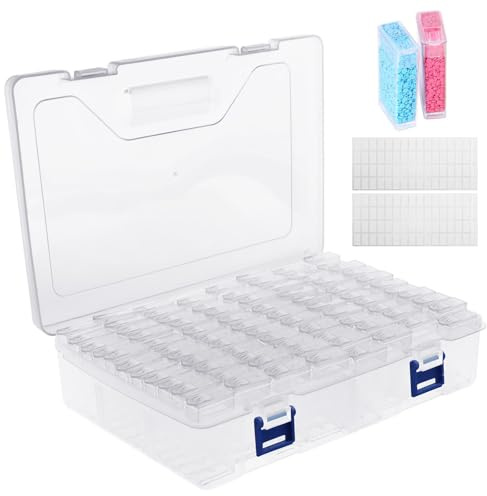 84 Slots Diamond Art Storage Box, Portable Diamond Art Accessories Organizer Boxes Transparent Diamonds Crystals Beads Arts Storage Box Container with Labels for Diamonds Arts Kits Accessories