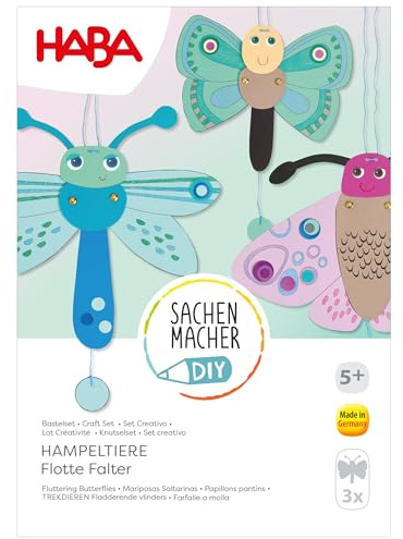 HABA Sachenmacher Hampeltier Schmetterlinge – Bastelset für 3 bewegliche Falter, Kreativset für Kinder ab 5 Jahren, Komplettset inkl. Fotokarton & Garn – 2013219