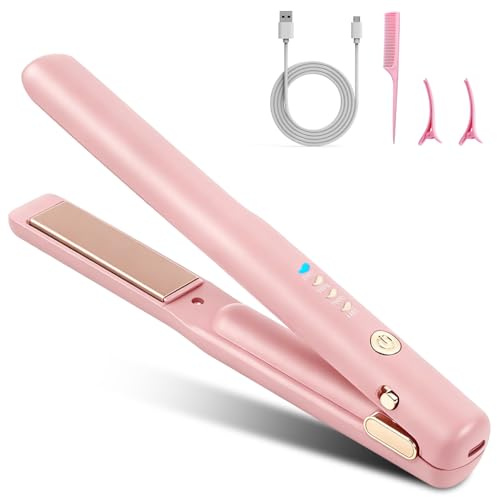 Cordless Hair Straighteners, 2 in 1 Mini Hair Straightener and Curler with 4 Temp Settings & Fast Heating, USB Rechargeable Travel Straighteners Mini Portable for Short to Long (Pink)