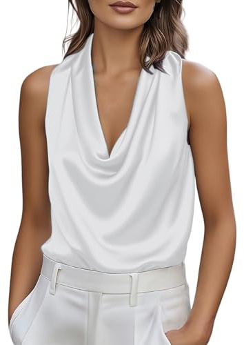 Generiska blustoppar damer, ärmlös, damtoppar, sommar, elegant satin, djup urringning, tanktoppar, veck, satinblus, lösa långtoppar, bekväm axelbandströja, enfärgad, camisole, ärmlös festtopp, Vit, L