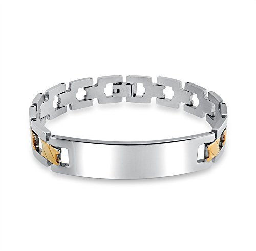 Bling Jewelry Bracelet d'identification avec barre gravée personnalisée pour homme, croix X, maillons, deux tons, plaqué or mat, en acier inoxydable, 8 pouces.