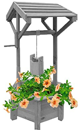 PaMeer Wooden Wishing Well Planter, Patio Planter, Wishing Well Planter for Outdoor with Hanging Bucket
