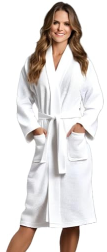 TowelSoft Turkish Cotton Blend Waffle Unisex Bathrobe Sauna Turkish Bath Spa Robe, Athena (White) Medium