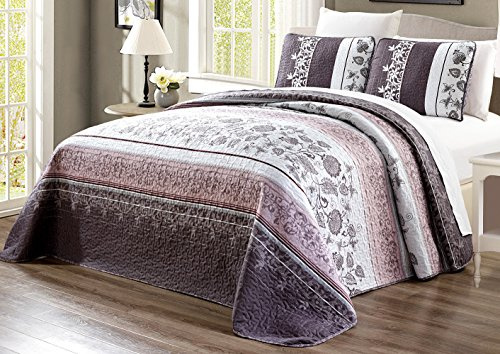 Grand Linen 3-Piece Oversize (115 X 95) Fine Printed Prewashed Quilt Set Reversible Bedspread Coverlet King Size Bed Cover (Purple. Grey, Black, White, Floral)