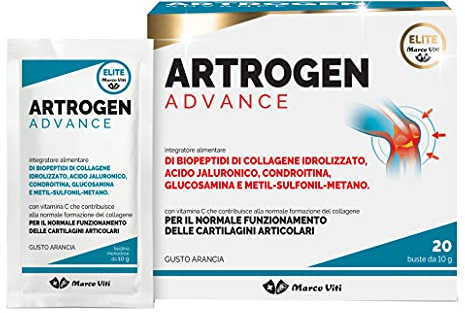 Artrogen Advance Buste, Integratore per Articolazioni con Peptidi di Collagene, Acido Ialuronico e Vitamina C, Supporta Cartilagini e Riduce Dolori Articolari, 20 Buste da 10 g