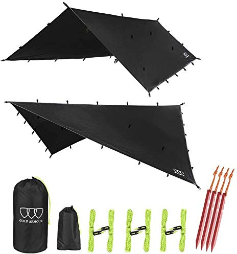 Gold Armour Rainfly Tarp Hammock, 14.7ft/12ft/10ft/8ft Rain Fly Cover, Waterproof Ultralight Ripstop Fabric, Survival Gear Backpacking Camping Tent Accessories (Black, 14.7ft x 12ft)
