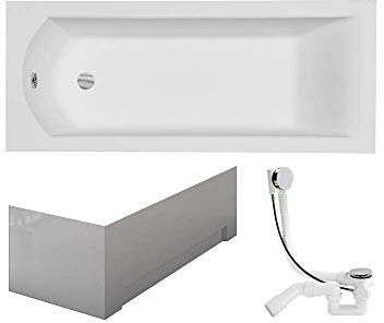 VBChome Badewanne 150x70 cm Acryl SET Schürze Siphon Wanne Rechteck Weiß Design Modern Ablaufgarnitur in Chrom