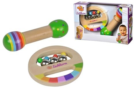 Eichhorn - 2 teiliges Musik Set, enthält Greifling mit Glocken und Stab mit Geräusch, Bunte Musikinstrumente aus Holz, ab 1 Jahr