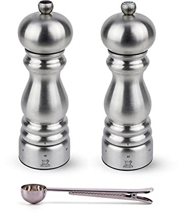 Peugeot Paris Chef u'Select Stainless Steel Salt & Pepper Mill Gift Set - With Stainless Steel Spice Scoop/Bag Clip (7 Inch)