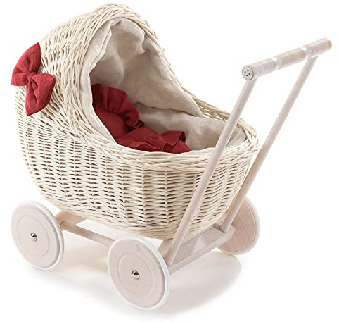 e-wicker24 DESAYER PUPPENWAGEN AUS WEIDE MIT LEINEN BETTWÄSCHE, Spielzeug AUS WEIDEN IN BEIGE, NATÜRLICHE KINDERSPIELZEUG, EIN Geschenk FUR EIN Kind rot 48x28 H47