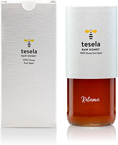 Miel cruda sin filtrar Tesela Natura, miel pura de abejas, natural. Tarro de cristal premium 320 gr (320 gr con caja regalo, Retama)