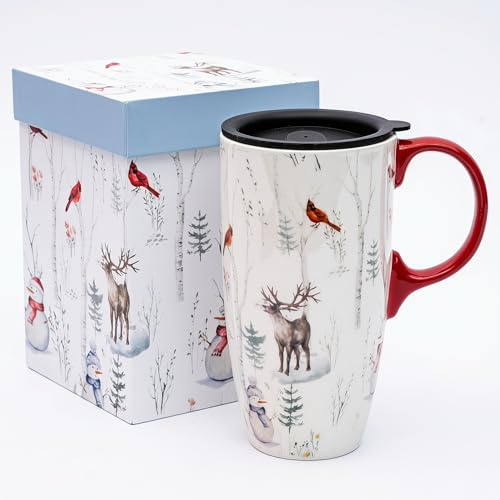 DUSVALLY 500ml Ceramic Travel Mug with Lid, Woodland Deer & Cardinal Bird