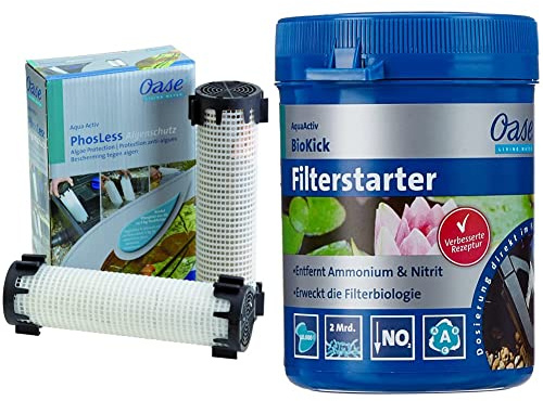 Oase Phosphatbinder AquaActiv PhosLess Algenschutz & 43138 AquaActiv BioKick 200 ml für 10.000 l - Teichbakterien Starterbakterien für Fischteich Gartenteich Schwimmteich