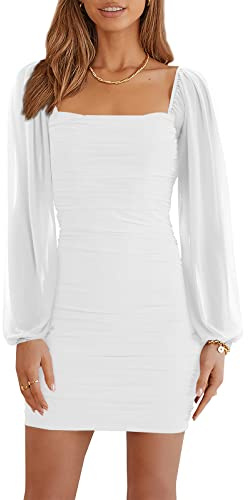 Wenrine Damen Kleider Party Cocktail Club Bodycon Kleid Hochzeitsgast Mesh Langarm Square Neck Minikleid Slim Fit(Weiß,S)
