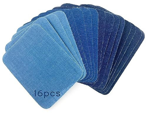 Nutabevr Jeans Flicken zum Aufbügeln,16 Stück Denim Patch Stickerfür,Dekoration Patches zum Aufbügeln Reparatursatz,Quadratischem Bügelflicken jeans aus Baumwolle auf für Jeans,Jacken,DIY Taschen