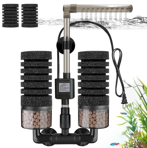 DEGGOX Aquarium Electric Sponge Filter with Submersible Water Pump Silence Motor for Shrimps,Bettas with Bio Ceramic Media Balls and 2 Spare Sponge,Venturi Nozzle and Rain Mode (S for 10-20 Gal)