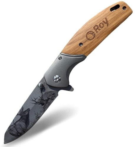Roy Klappmesser mit Holzgriff - Multifunktions Taschenmesser Outdoor Messer Gürtelclip Messer mit graviertem Klinge, Camping Messer