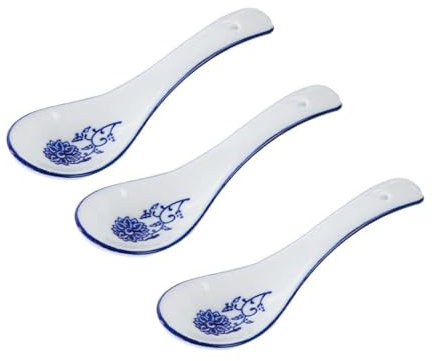 Cucharillas Postre 3 Piezas Cucharas de Sopa de Cerámica Retro Tradicional Chino Azul y Blanco Impresión de Porcelana Cuchara de Arroz Cubiertos Cucharas de Servir Asiáticas Chinas Aperitivos Vajilla