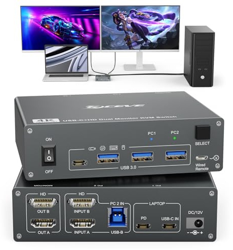 KVM-omkopplare 2 PC 2 bildskärmar USB C HDMI, dubbel skärm, USB 3.0 typ C omkopplare 4K@60Hz för 2 datorer, tangentbord och mus gemensam användning