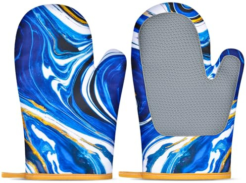 Cenvialuxy Backhandschuhe Ofenhandschuhe Hitzebestaendig,1 Paar Baumwolle Topflappen Handschuh, Topfhandschuhe Hitzebeständig, Anti-Rutsch Kochhandschuhe Silikon zum Kochen, Backen, Grillen（Marmor）