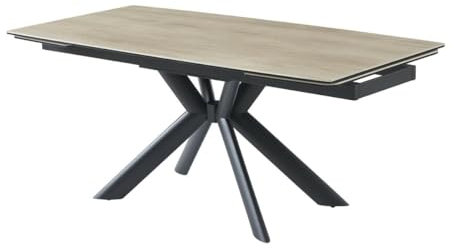 Vente-unique-Mesa de Comedor Extensible de 6 a 10 Personas en cerámica, Vidrio Templado y Metal - Natural Claro y Negro - LIOMINA de Maison Céphy