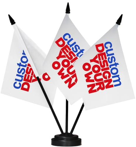 Anley Custom Desk Top Triple Flag Set - Personalized Desktop Flag with 12 Solid Pole and Black Base - Vivid Color and Fade Resistant - Customized Mini Banner Table Flags - 5 x 8 IN Double Sided