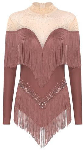 TiaoBug Damen Langarm Gymnastikanzug Rollkragen Turnanzug Mesh Spleiß Tanz-Body Ballett Trikot mit Glitzer Fransen Eiskunstlauf Leotard Altrosa M