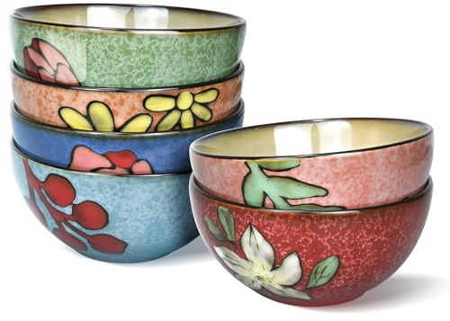 Ceramic Cereal Bowls Set of 6, Floral Design 6 inch – 28oz for Cereal, Salad, Soup, Dessert, or Snacks, Microwave, Dishwasher Safe