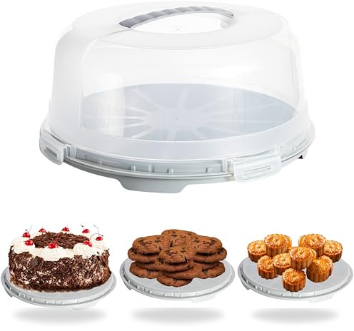 Buzztrove Cake Carrier with Grey Base | Cake Carrier with Handle, 30cm Semi Transparent Dome & 4 x Secure Locking Lid, Premium Cake Storage Container for Cakes, Pies & Pastries (Grey)