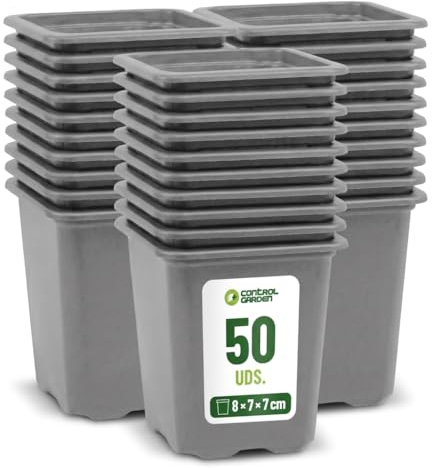 + CONTROL GARDEN GROWMANIA Pack 50 Macetas Negras Cuadradas para Plantas 8 x 7 x 7 cm - 50 Maceteros de Plástico para Flores 8 x 7 x 7 cm - Ideal Exterior e Interior Flores, Esquejes y Semillas