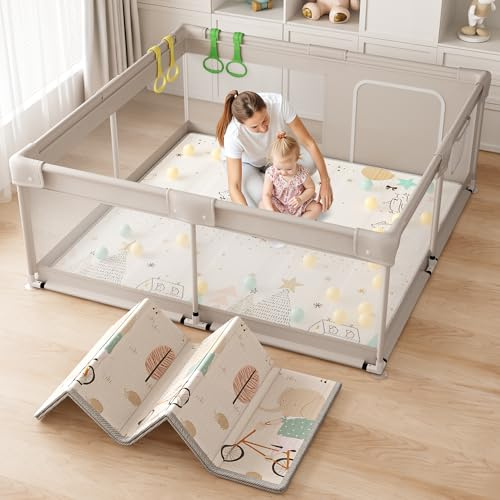 Lertantri Parque Infantil Bebe con Alfombra Bebe, 150×150cm Corralito Bebe, Parque De Juegos Bebé, Con Malla Transpirable en Los Cuatro Lados