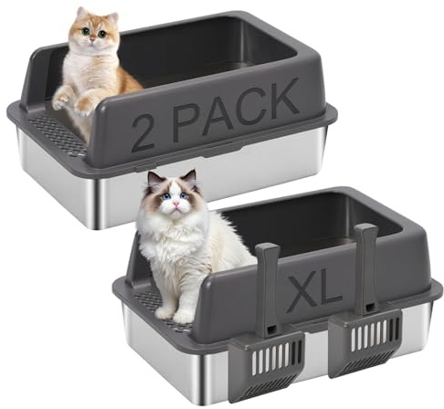 Siairo 2-Packung XL Katzenklo Edelstahl, Edelstahl Katzentoilette für große Katzen, Klebt Nicht an Rückständen, einfache Reinigung