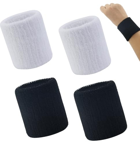 Saugfähige Schweißband Handgelenk Schweißbänder für Damen, Herren, Kinder, 4er Schweißband Set, Fitness Arm Schweissband für Tennis, Handball & Laufen in Schwarz, Schweissbänder Wristband
