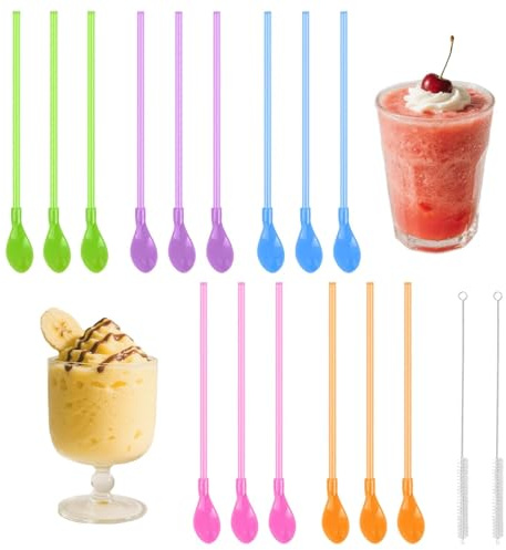 FLEXNOVA 15 Stück Strohhalm Löffel Plastik Bunt, Slush Strohhalme Latte Macchiato Löffel mit Strohhalm, 2 in 1 Löffelstrohhalme Wiederverwendbare löffel-trinkhalme für Cocktails,Smoothies,Milchshakes