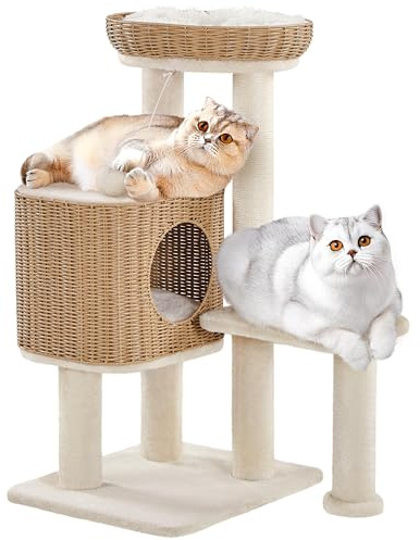 Yaheetech Katträd rotting, klätterträd för stor katt upp till 10 kg, stabilt katträd 91 cm med stora plattformar, kattgrotta, beige