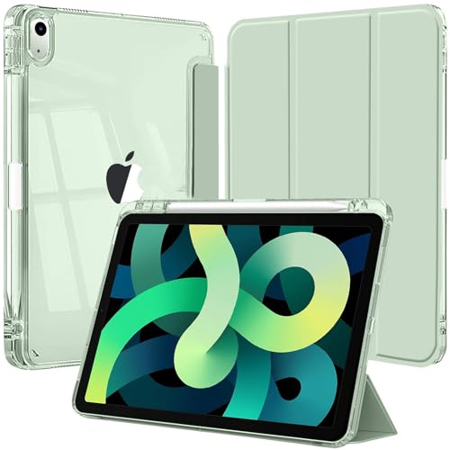 Coque pour iPad Air 11 M4/M3/M2 2026 2025 2024/Air 5/4 2022/2020 Étui Vert | Porte Stylet Bumper TPU Souple Dos Transparent Support Tri Pli Protection Antichoc Fin Léger Tablette Angles Multiples Case