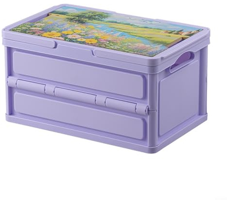 HavenDomicile Contenedor de almacenamiento plegable de 18 L con asas y tapa de madera para el hogar, cocina, al aire libre, camping, organización (morado)