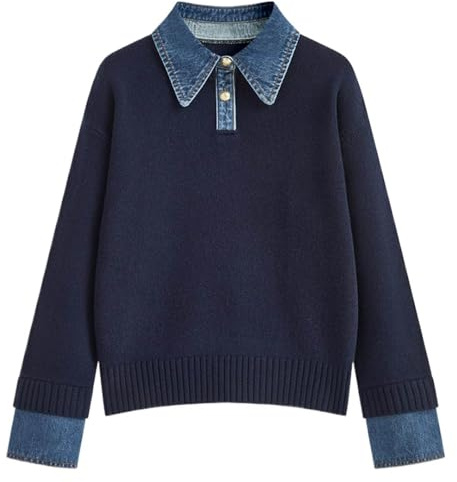 Pull en tricot pour femmes avec col polo en denim, manches longues, style décontracté à coupe ample et polyvalent, Taille unique
